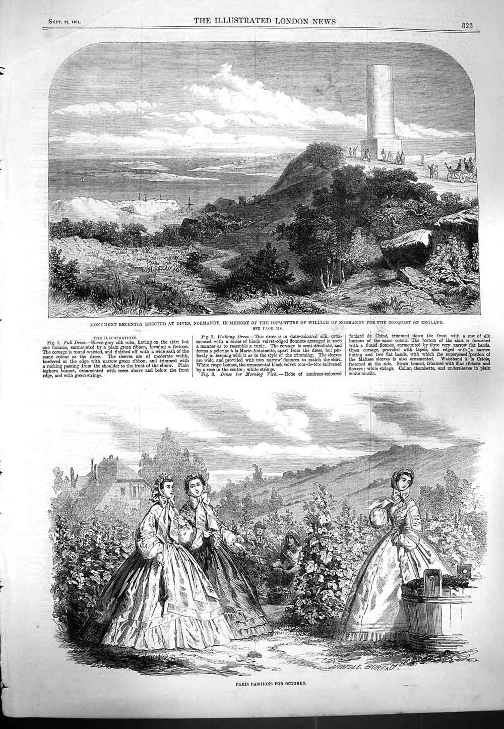 Original Old Antique Print 1861 Paris Fashion Monument Dives William Normandy