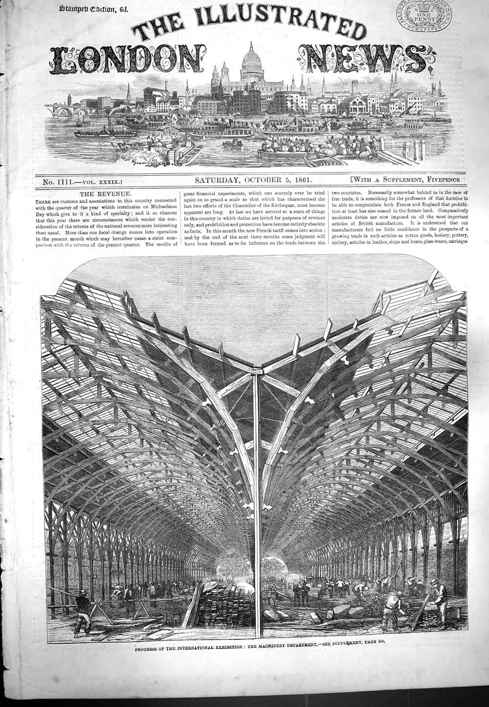 Original Old Antique Print 1861 Machinery Department International Exhibition