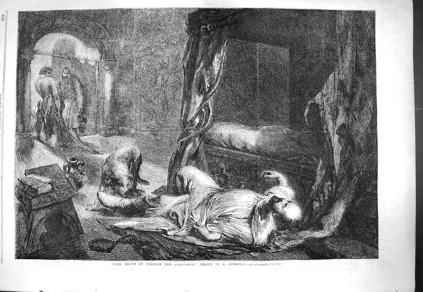 Old Antique Print 1861 Scene Death William Conqueror Bedchamber Gilbert 19th