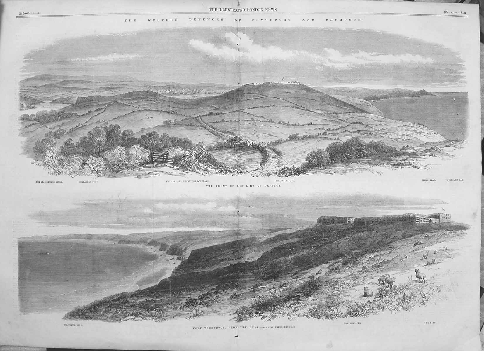 Original Old Antique Print 1861 Devonport Plymouth Keyham Dockyard Fort Tr 19th