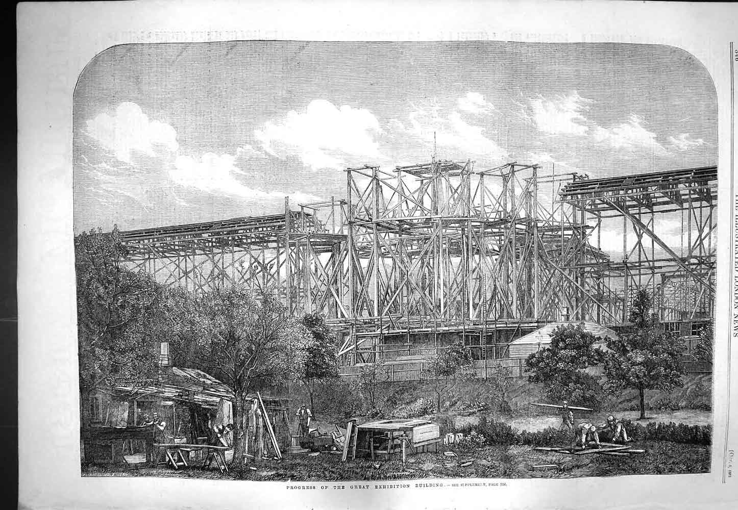 Original Old Antique Print 1861 Progress Great Exhibition Building Archi 19th