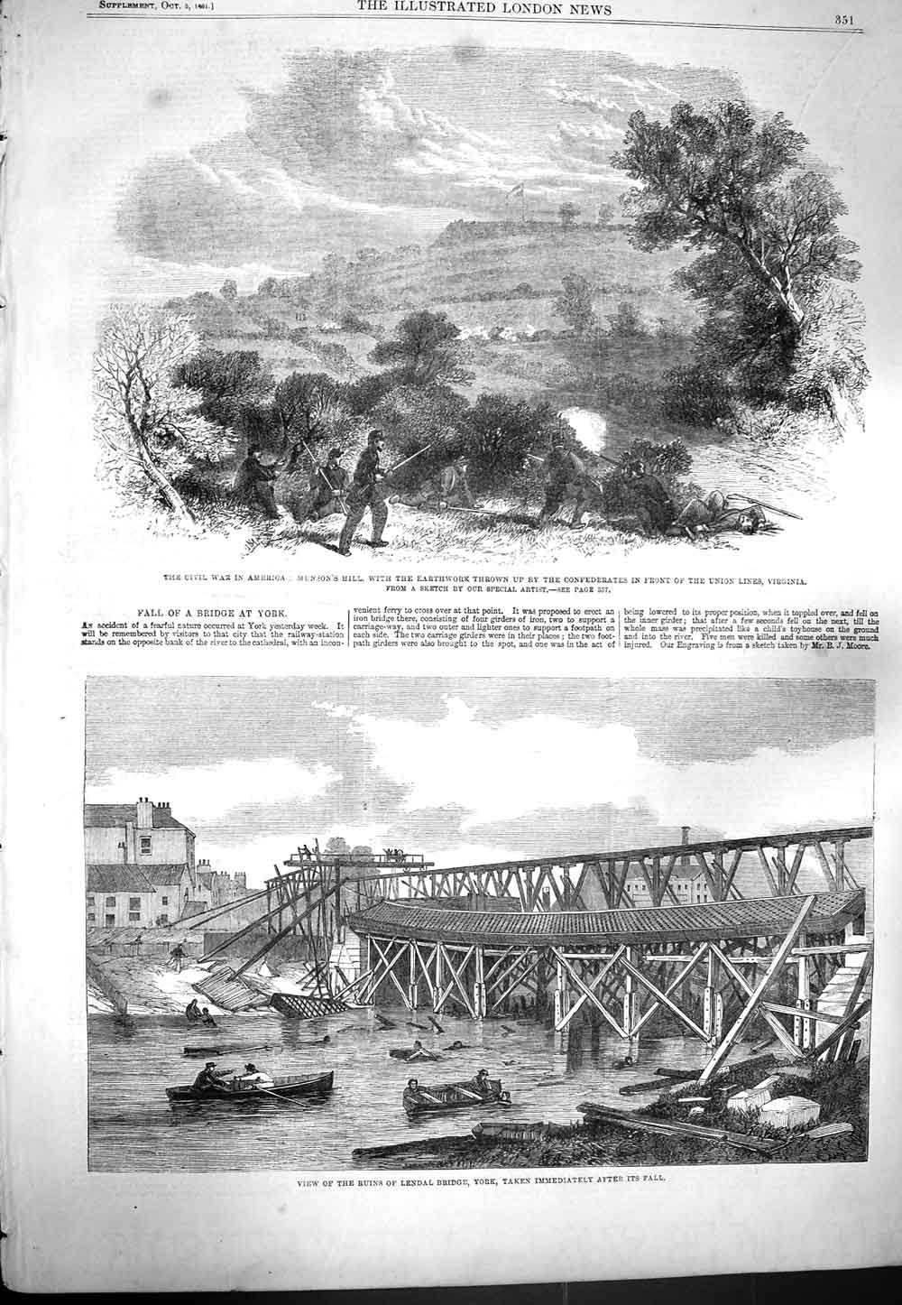 Old Antique Print 1861 War America Munson'S Hill Lendal Bridge York Ruins 19th