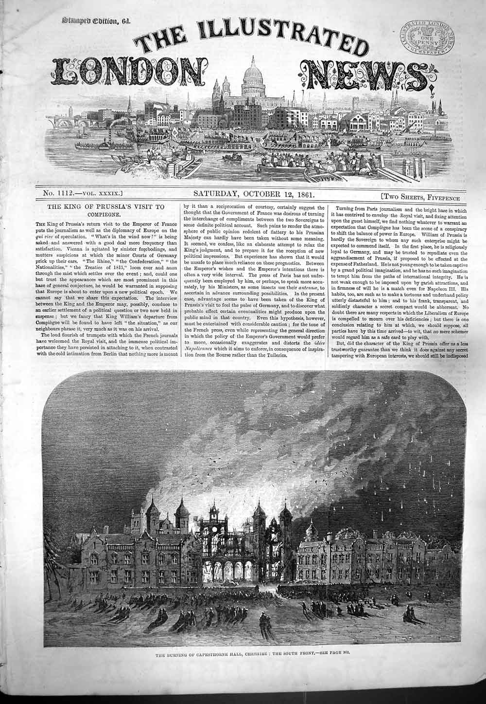 Original Old Antique Print 1861 Burning Capesthorne Hall Cheshire Fire F 19th