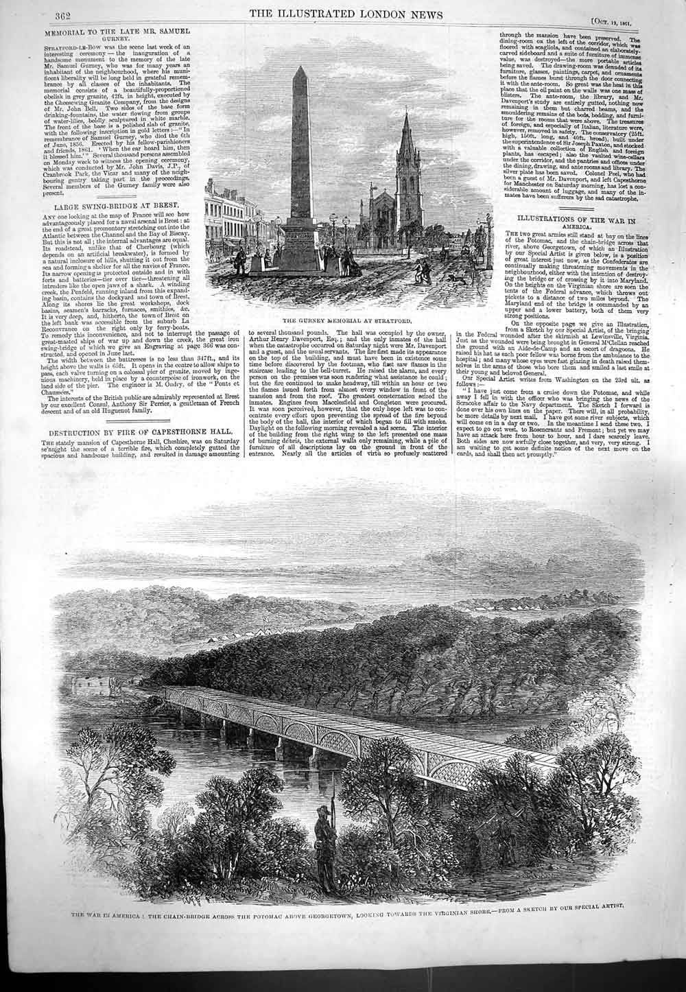 Original Old Antique Print 1861 Gurney Memorial Stratford War America Potomac