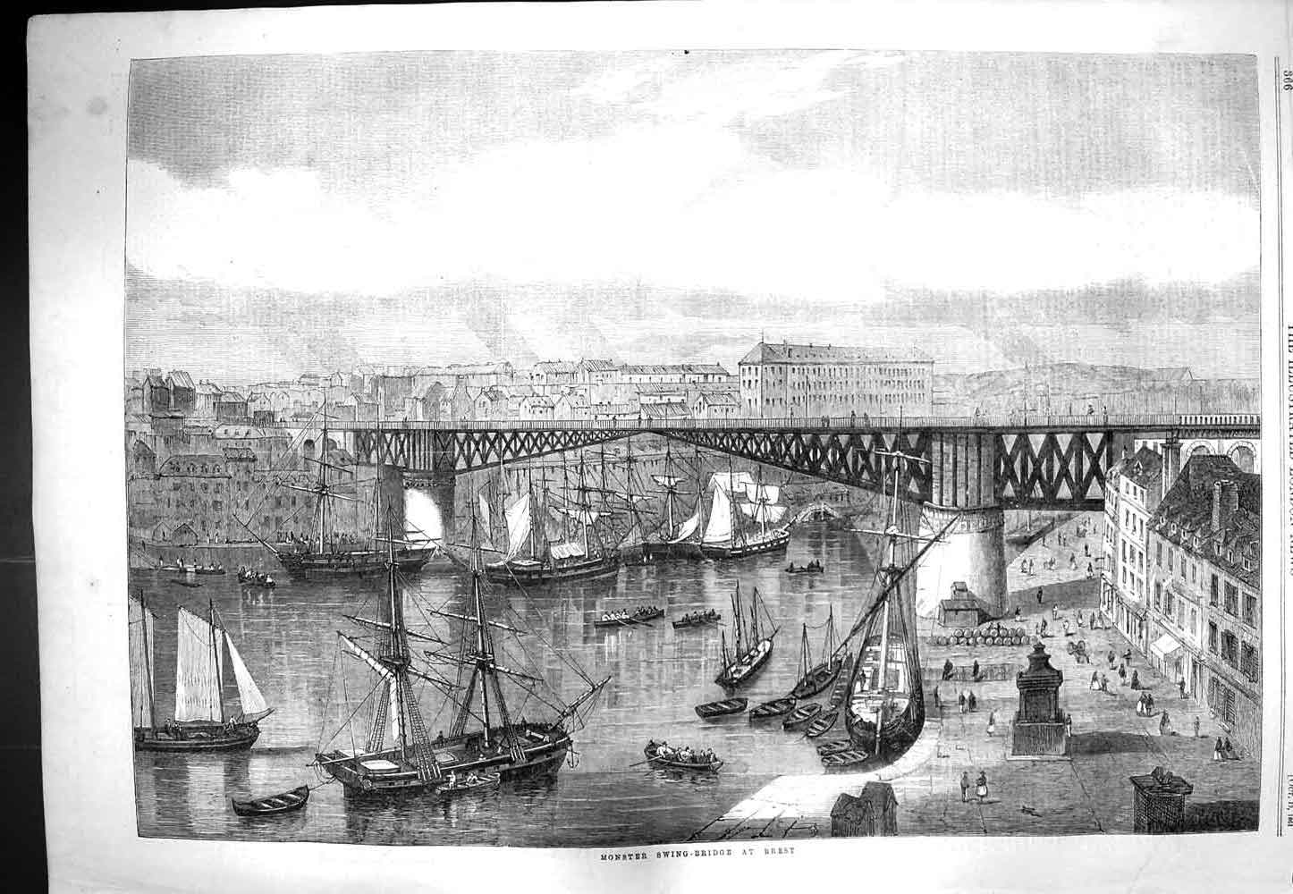 Old Antique Print 1861 Monster Swing Bridge Brest Engineering Ships Art 19th