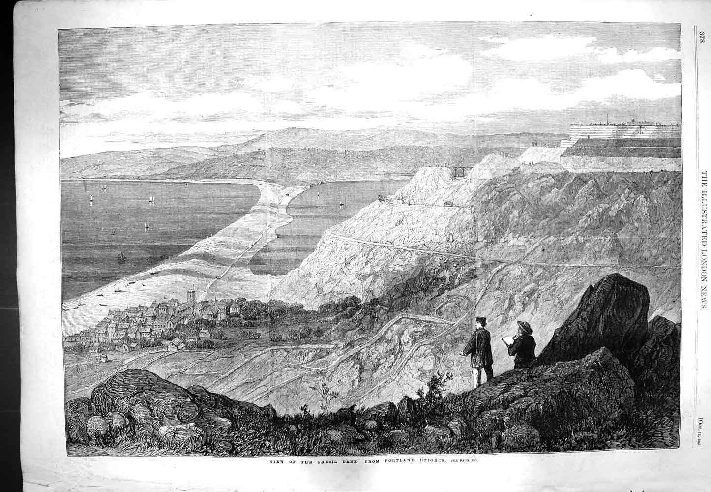 Original Old Antique Print 1861 Chesil Bank Portland Heights Mountains Fine Art