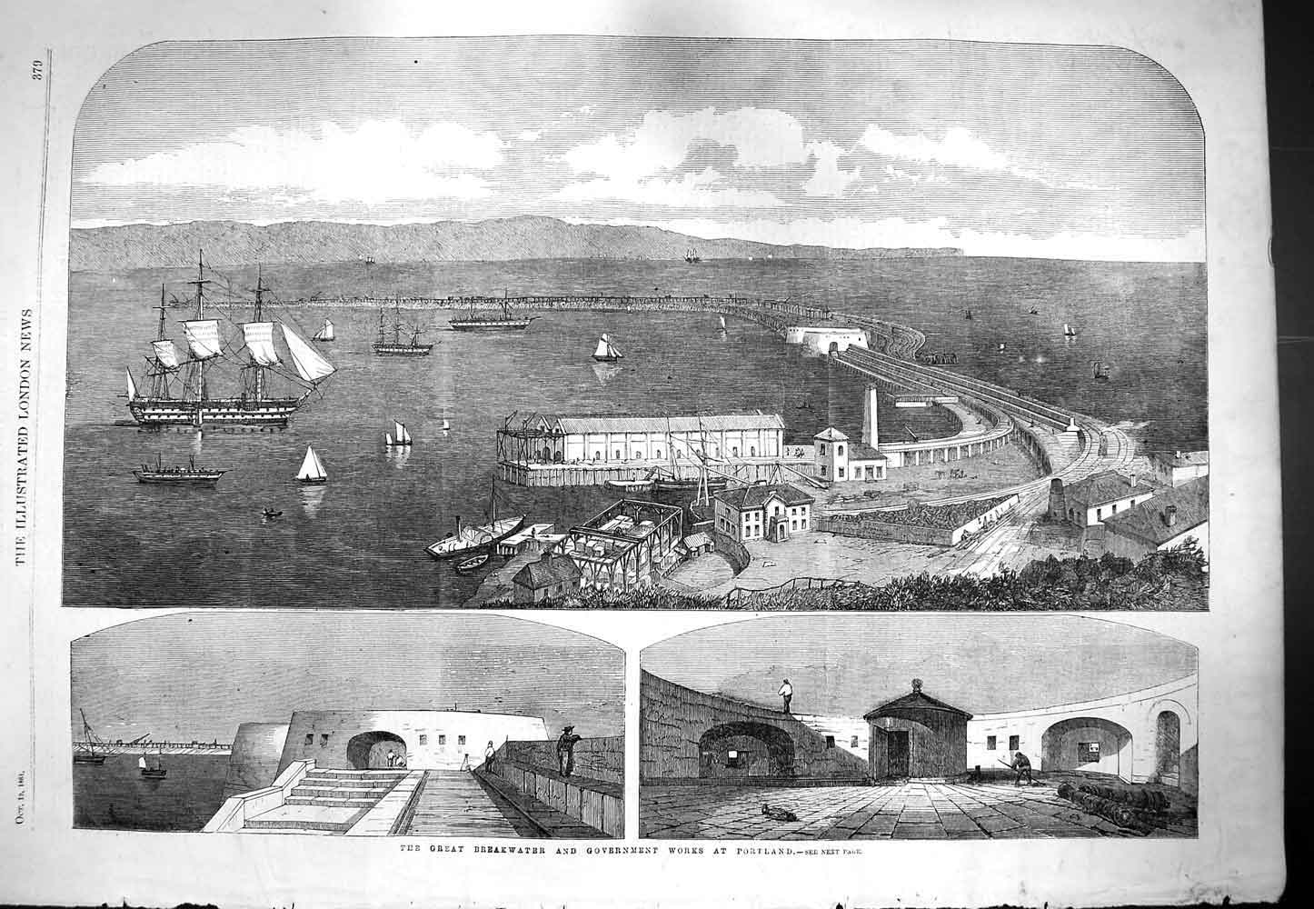 Old Antique Print *3806 1861 Great Breakwater Government Works Portland