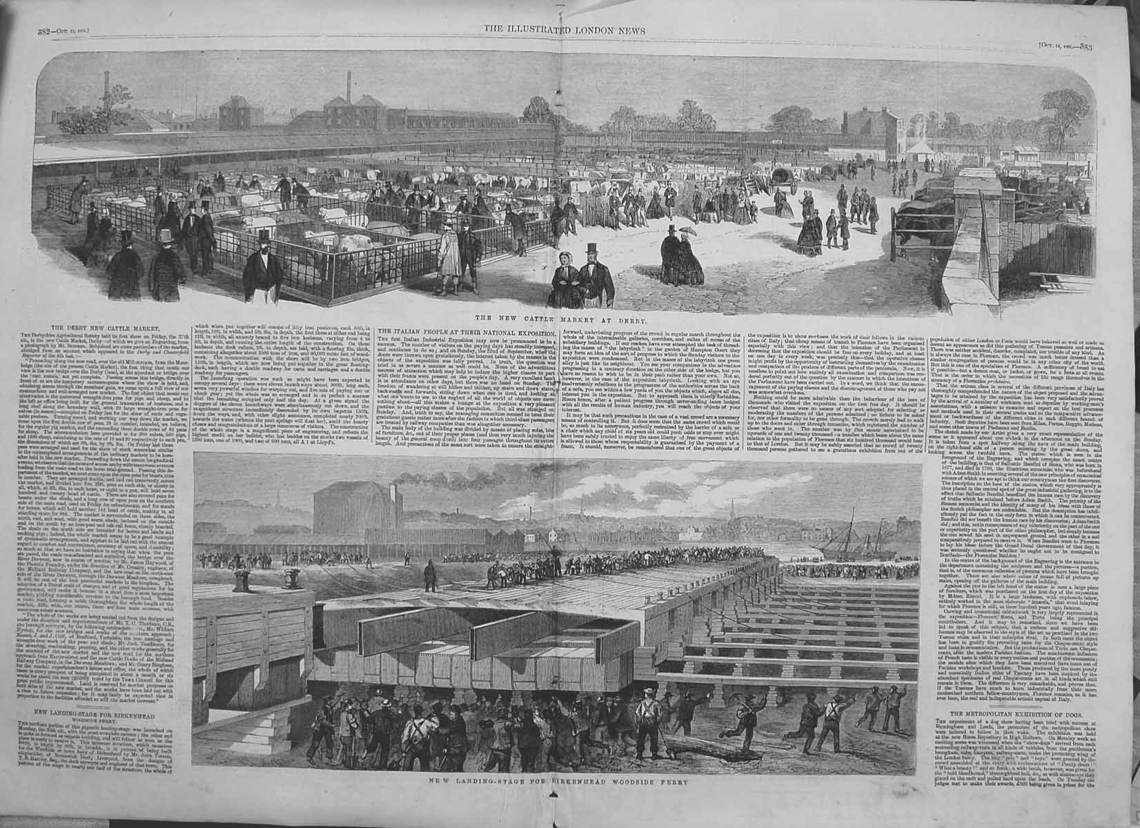 Antique Old Print 1861 Cattle Market Derby Landing Stage Birkenhead Ferry 19th
