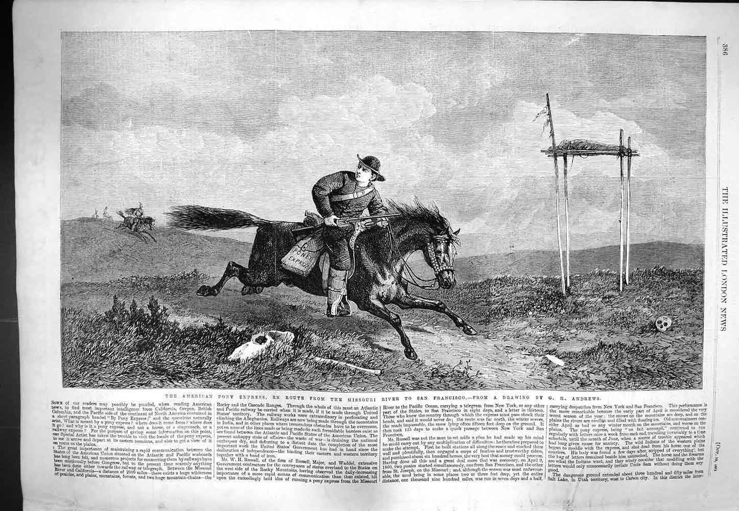 Original Old Antique Print 1861 American Pony Express Missouri River Fr 19th