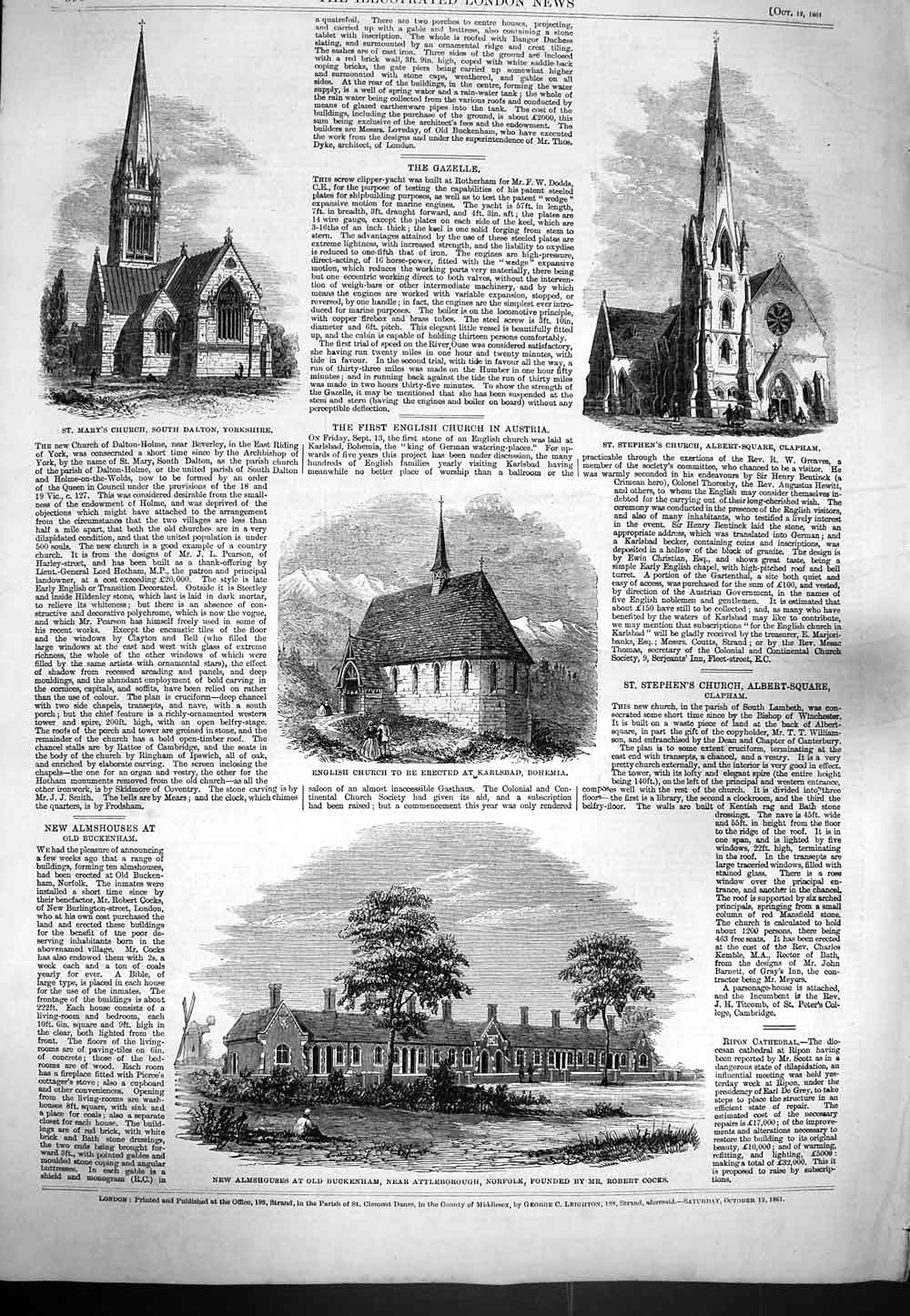 Original Old Antique Print 1861 English Church Bohemia Almshouses Attle 19th
