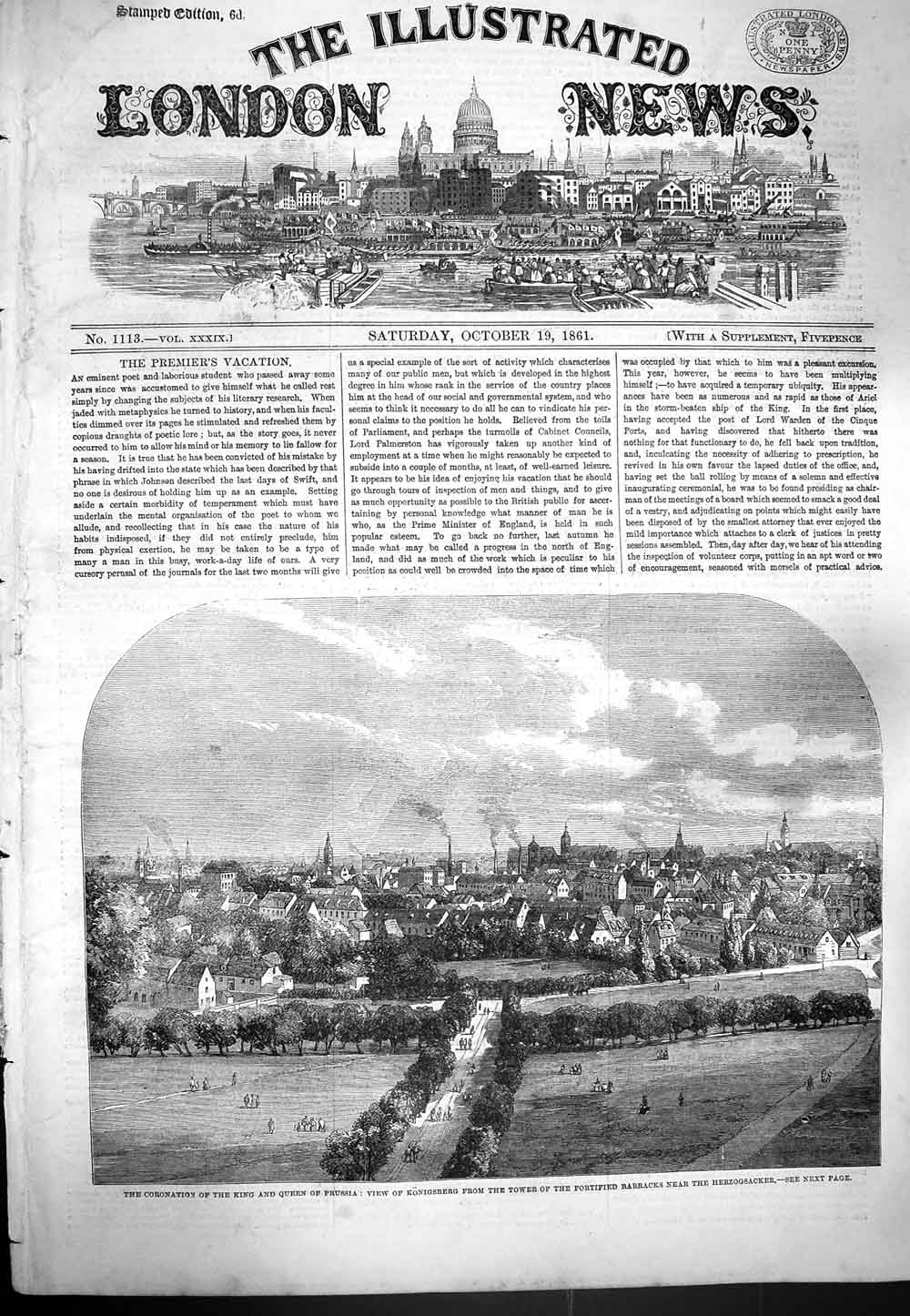 Old Antique Print 1861 Coronation King Queen Prussia Konigsberg Barracks 19th