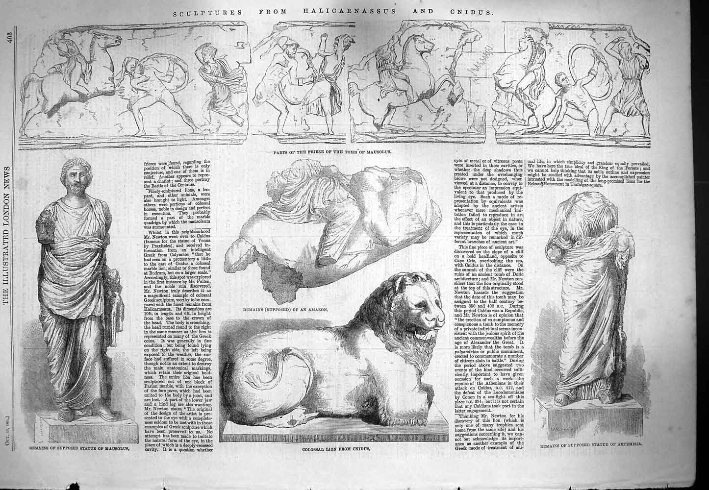 Old Antique Print 1861 Frieze Tomb Mausolus Lion Cnidus Mausolus Statue 19th