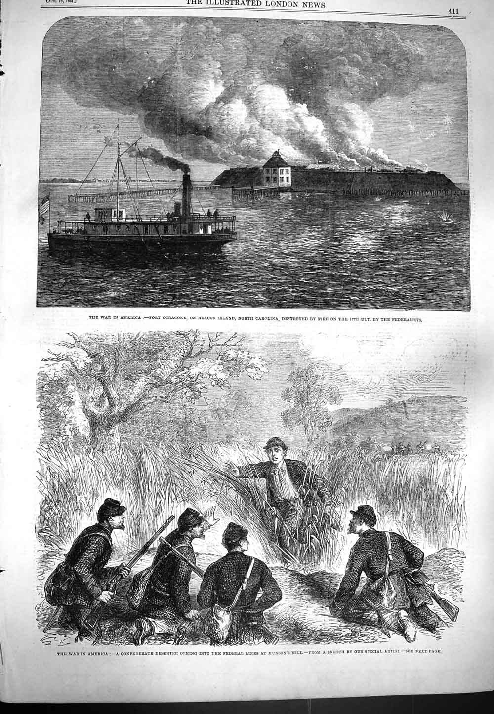 Original Old Antique Print 1861 War America Fort Ocracoke Beacon Island Munson