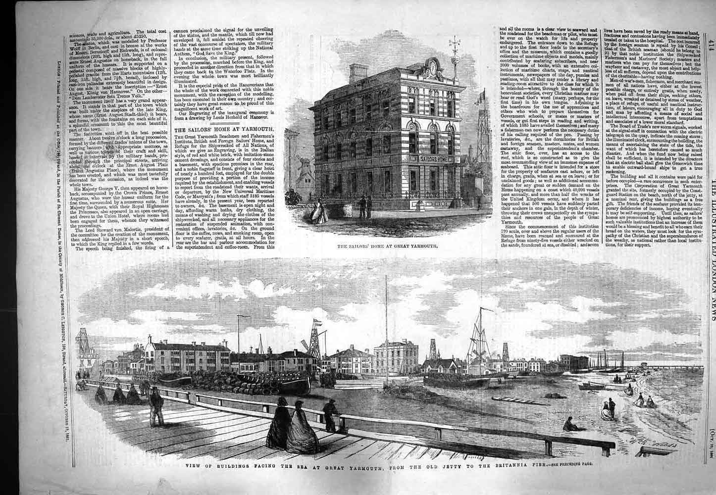 Original Old Antique Print 1861 Sailors Home Great Yarmouth Britanni Pier Ships