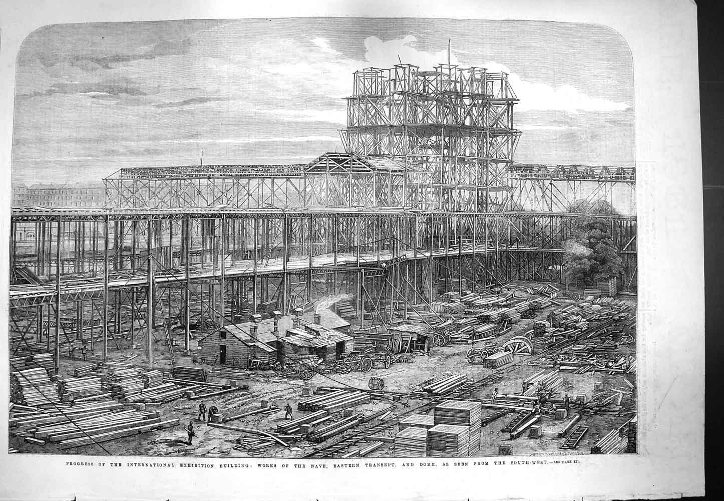 Original Old Antique Print 1861 International Exhibition Building Nave Transept
