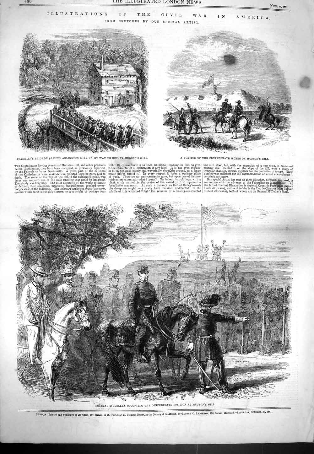 Old Antique Print 1861 Civil War America Franklin M'Clellan Munson Hill 19th