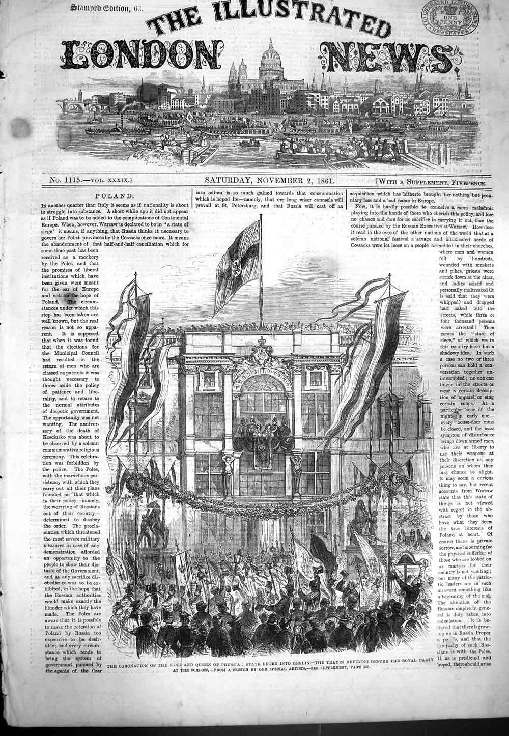 Original Old Antique Print 1861 Coronation King Queen Prussia Berlin Schloss