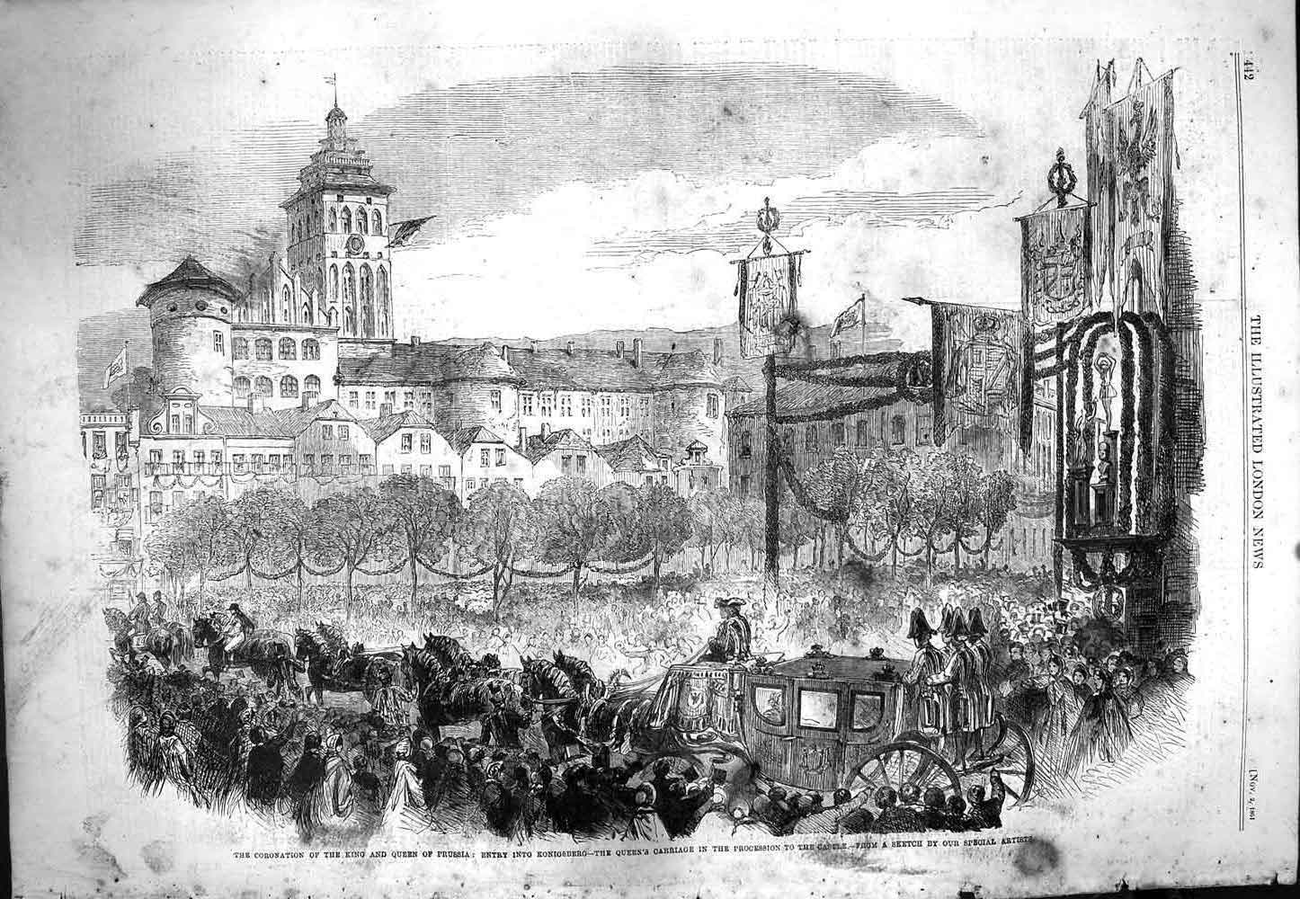 Original Old Antique Print 1861 Coronation King Queen Prussia Konigsberg Castle