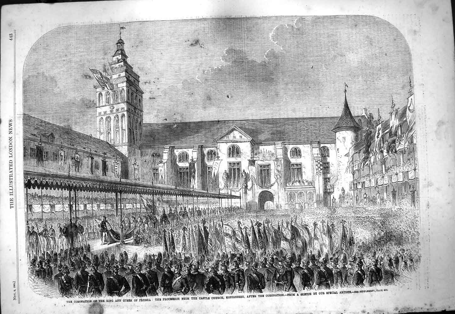 Original Old Antique Print 1861 Coronation King Queen Prussia Castle Konigsberg