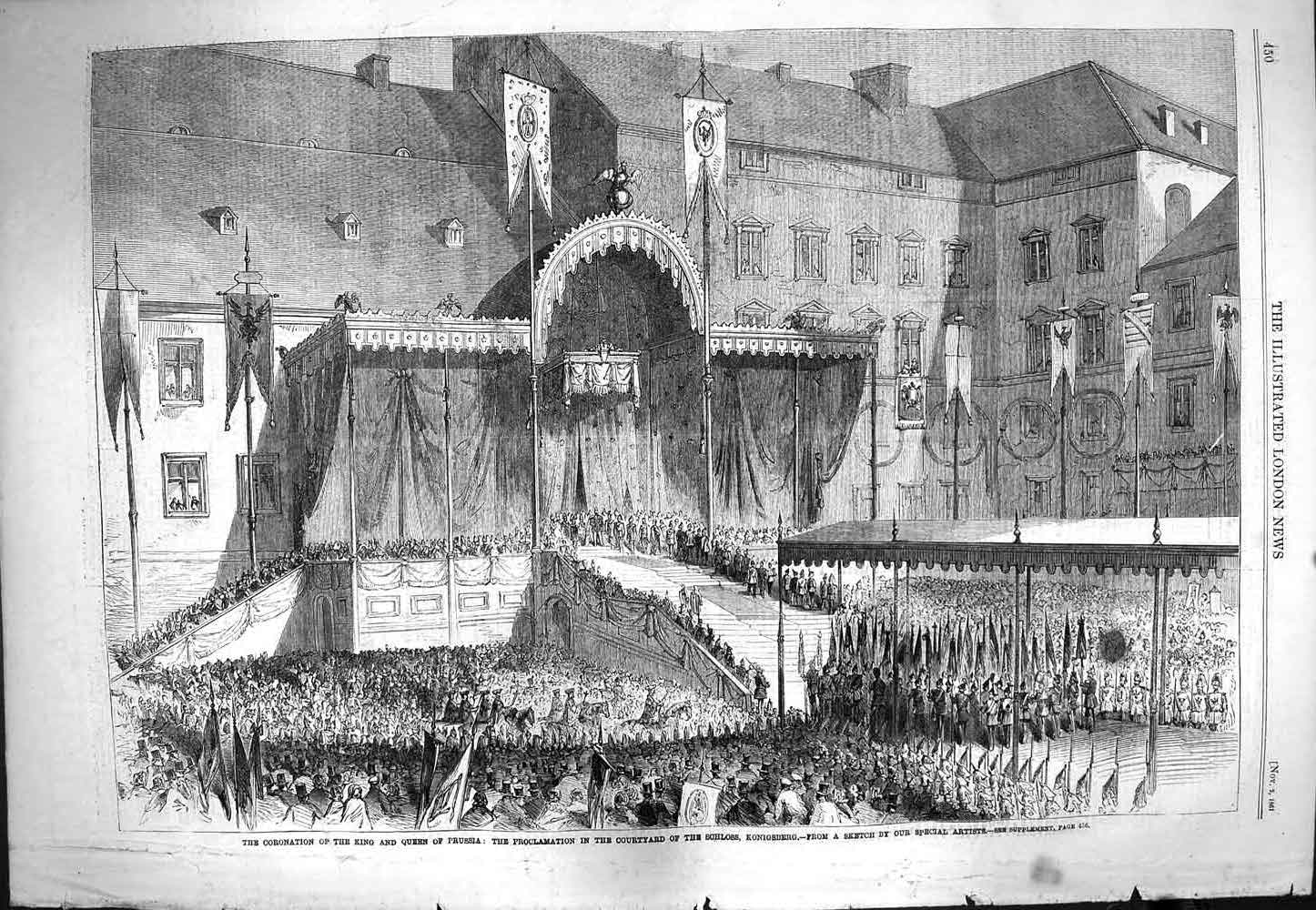 Antique Old Print *3804 1861 Coronation King Queen Prussia Schloss Konigsberg