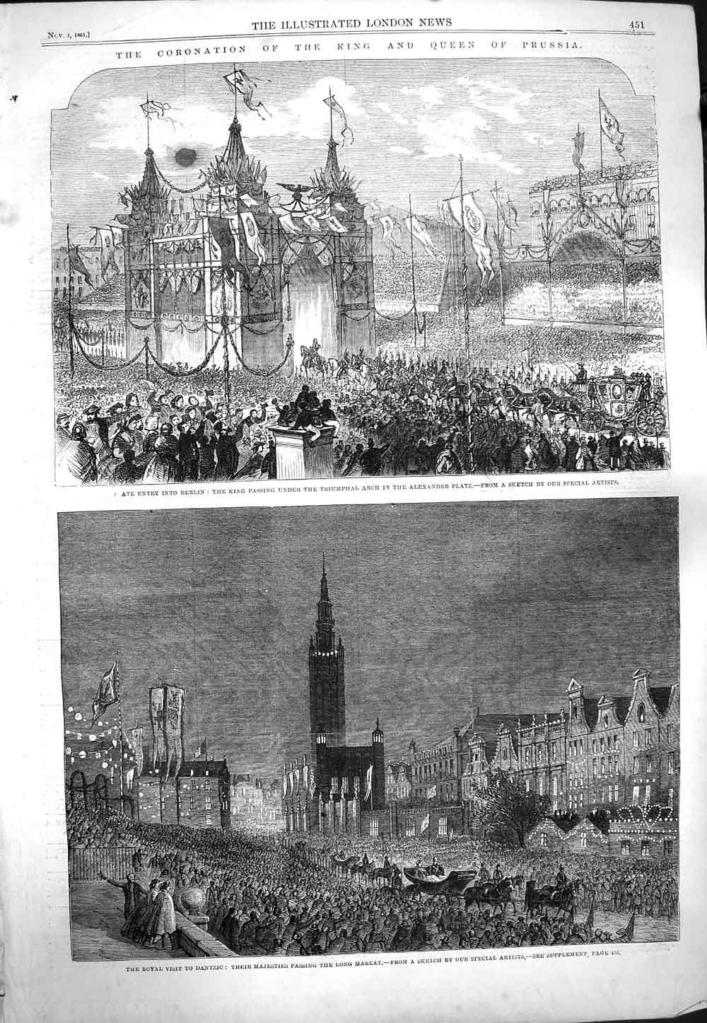 Old Antique Print 1861 Coronation King Prussia Berlin Dantzic Alexander 19th