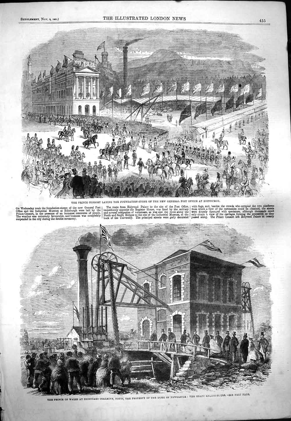 Original Old Antique Print 1861 Prince Consort Post Office Edinburgh Mine Notts
