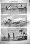 Old Antique Print 1861 Kafr Zayat River Nile Statues Thebes Flood Village 19th