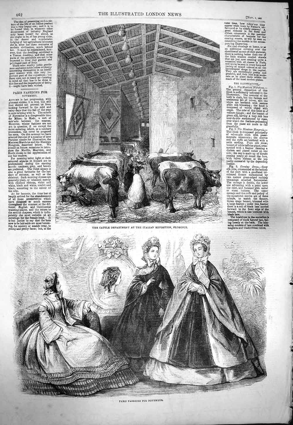 Original Old Antique Print 1861 Paris Fashion Dresses Cattle Italian Florence
