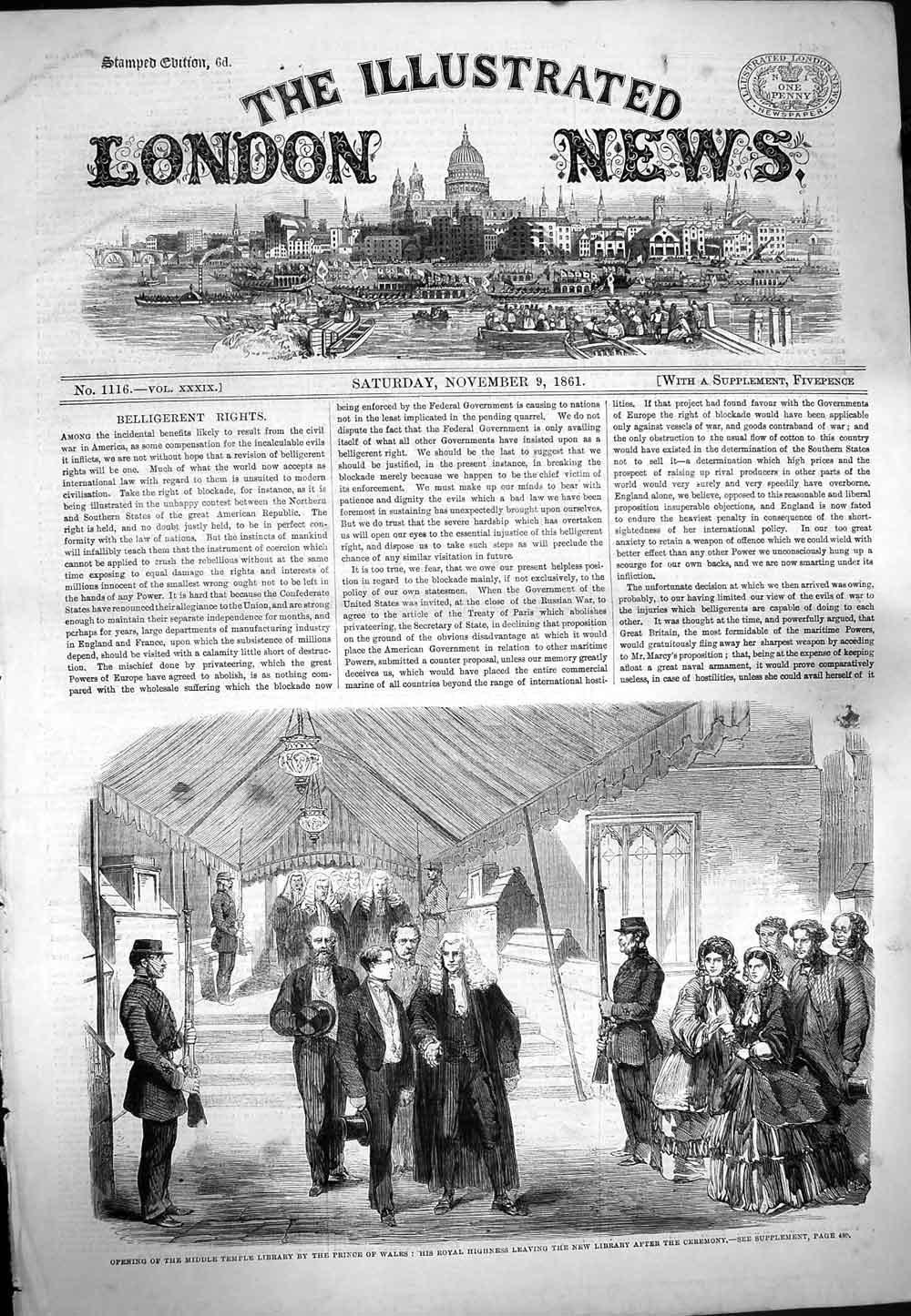 Original Old Antique Print 1861 Middle Temple Library Prince Wales Library 19th