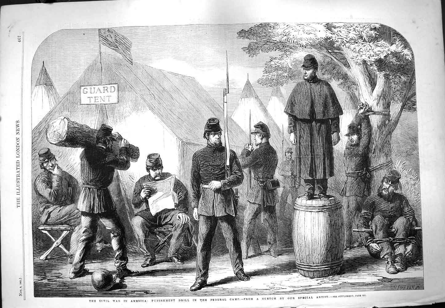 Original Old Antique Print 1861 War America Punishment Drill Frederal Camp Sier