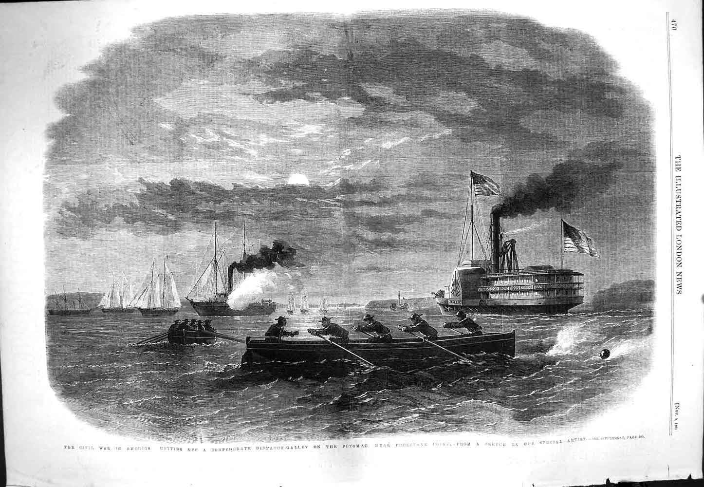 Old Antique Print 1861 War America Despatch Galley Ship Potomac Freestone 19th