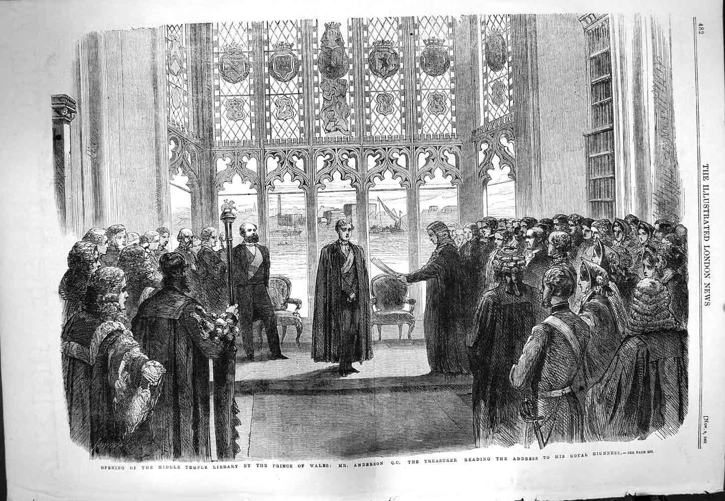 Original Old Antique Print 1861 Middle Temple Library Prince Wales Anderson