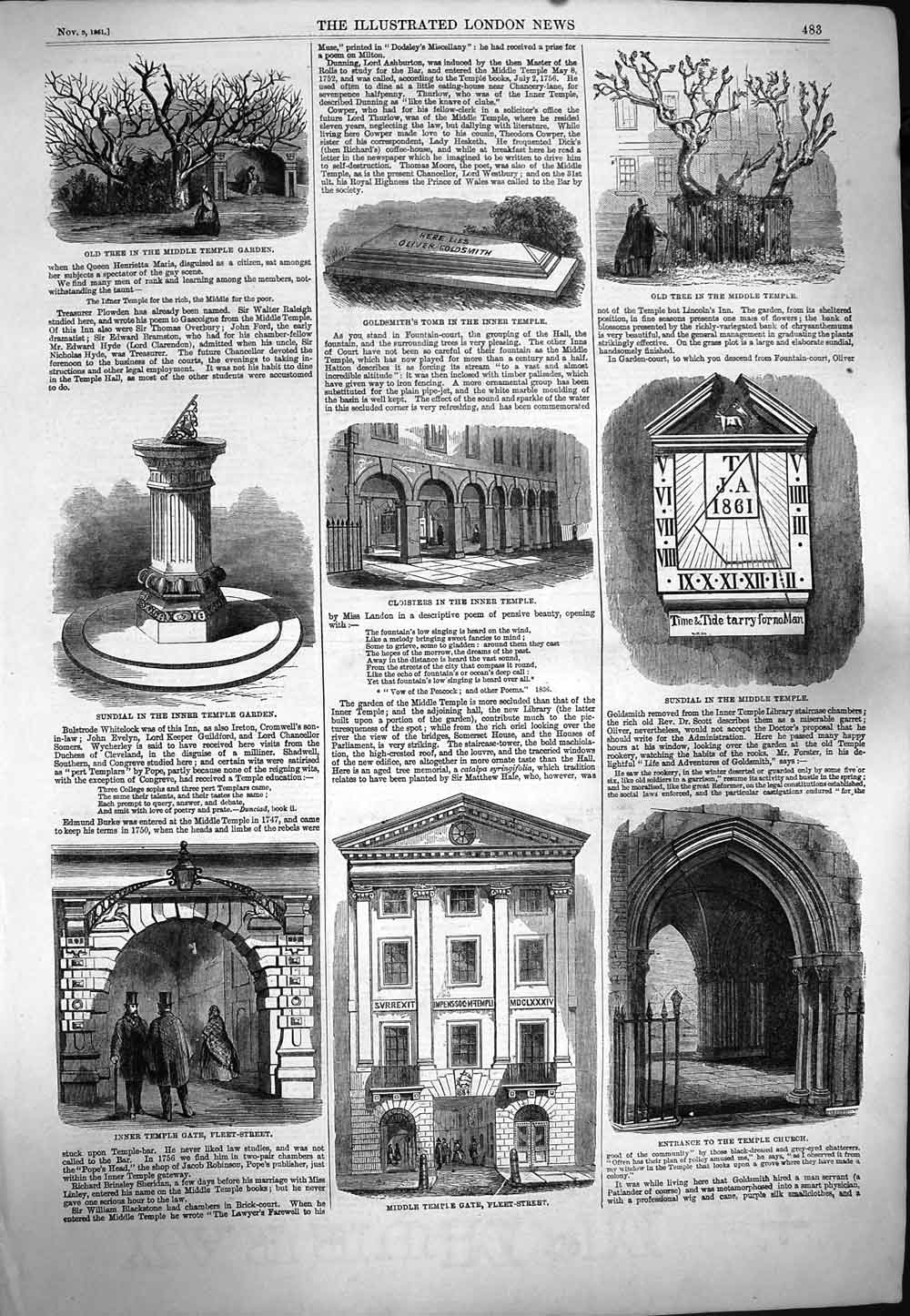 Original Old Antique Print 1861 Middle Temple Gate Church Sundial Tree Garden
