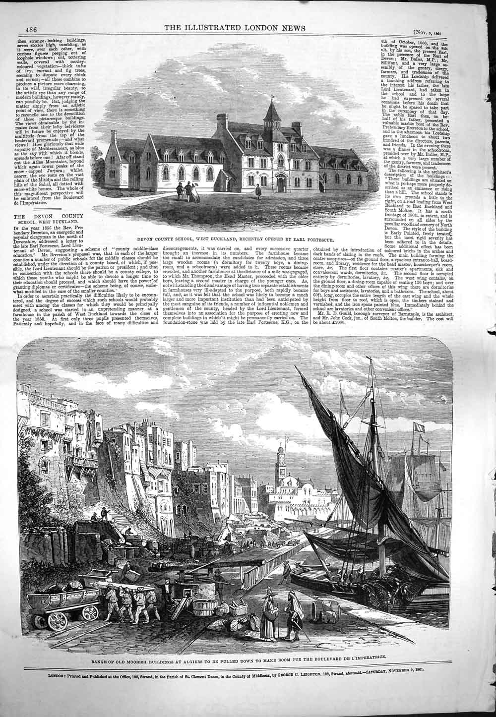 Original Old Antique Print 1861 Devon County School Moorish Buildings Algiers