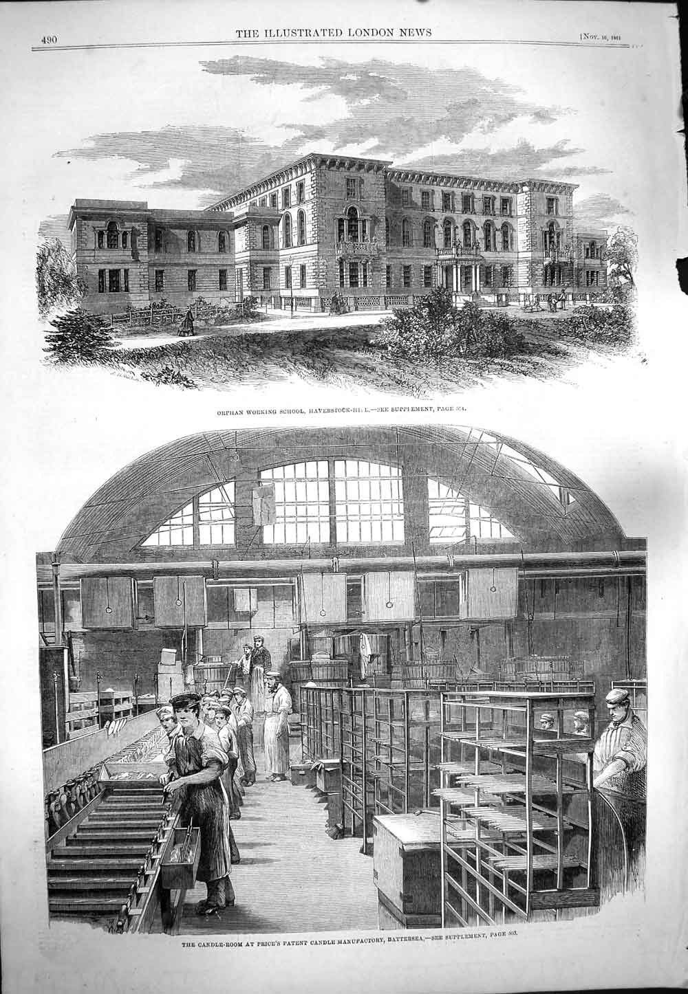 Old Antique Print 1861 Orphan Working School Haverstock Candle Battersea 19th