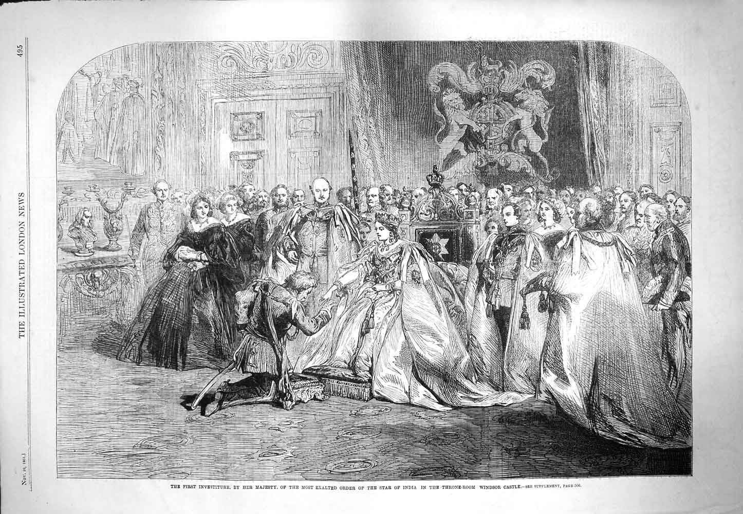 Original Old Antique Print 1861 Throne Room Windsor Castle Queen Star India