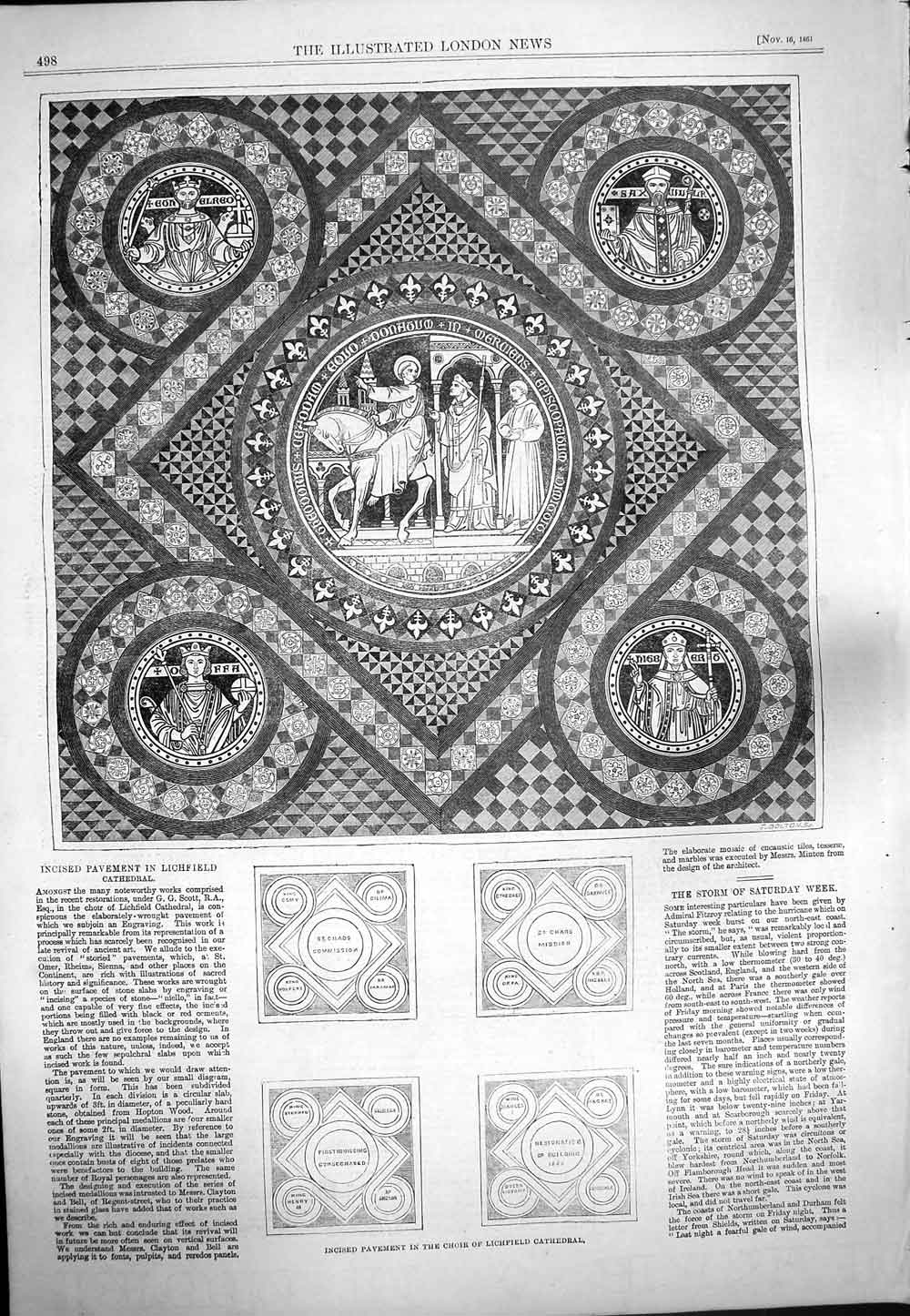 Old Antique Print 1861 Incised Pavement Choir Lichfield Cathedral Design 19th