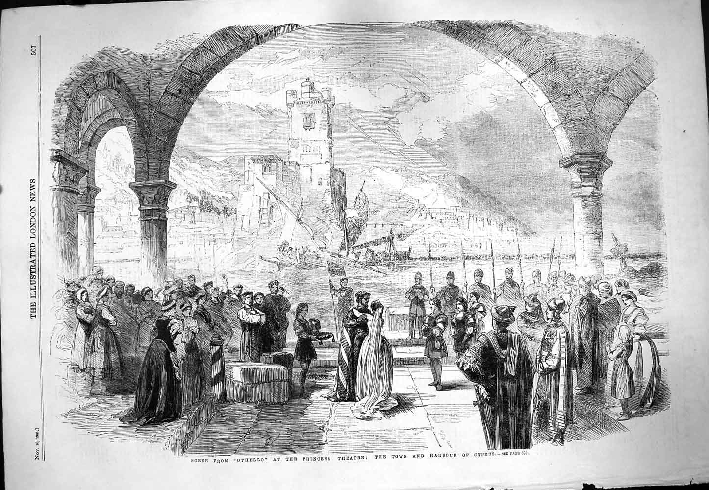 Original Old Antique Print 1861 Scene Othello Princess Theatre Town Harbour 19th