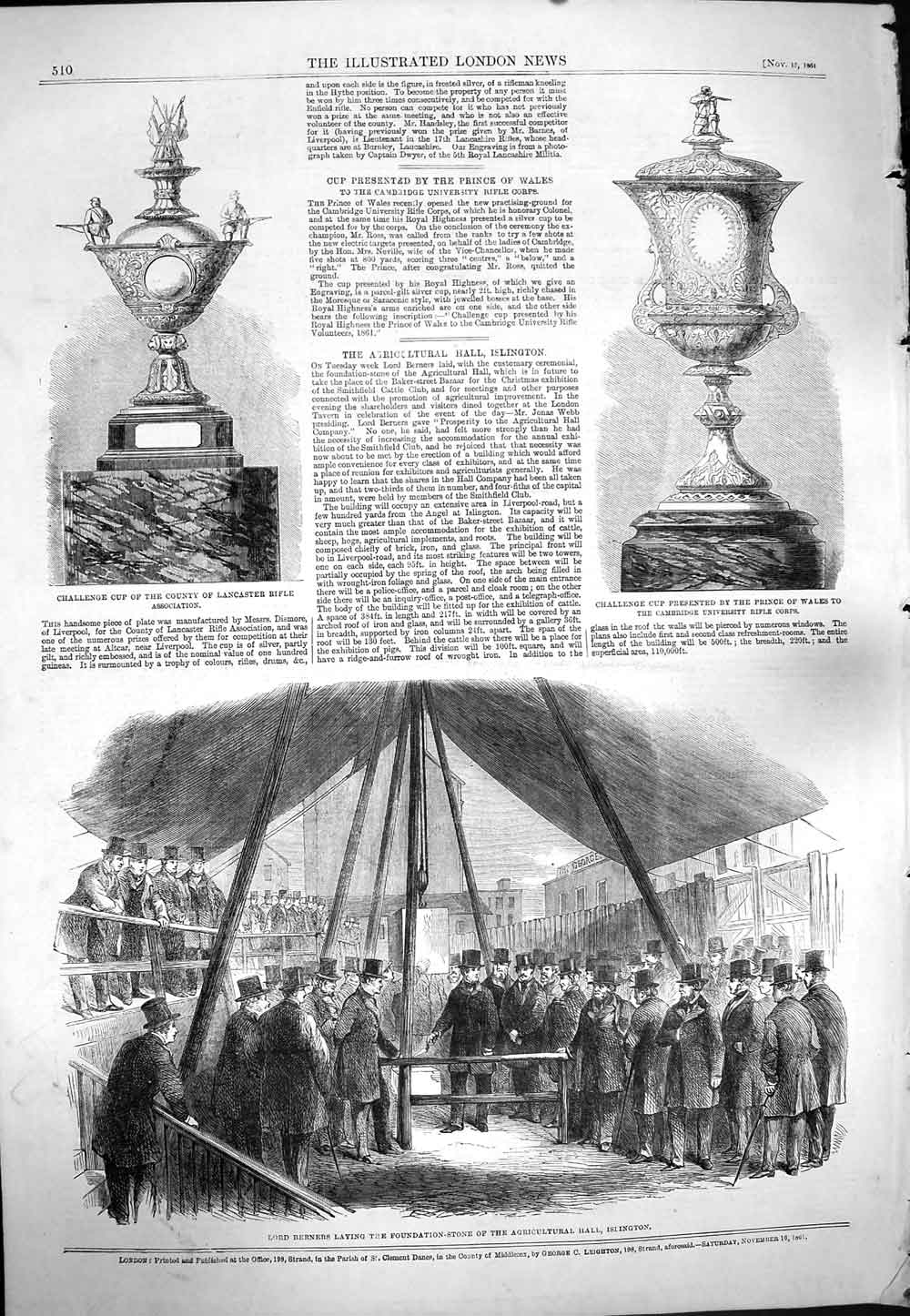 Original Old Antique Print 1861 Lord Berners Agricultural Islington Cup Wales