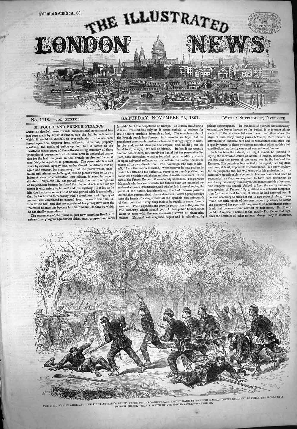 Original Old Antique Print 1861 Civil War America Ball'S Bluff Potoma Victorian