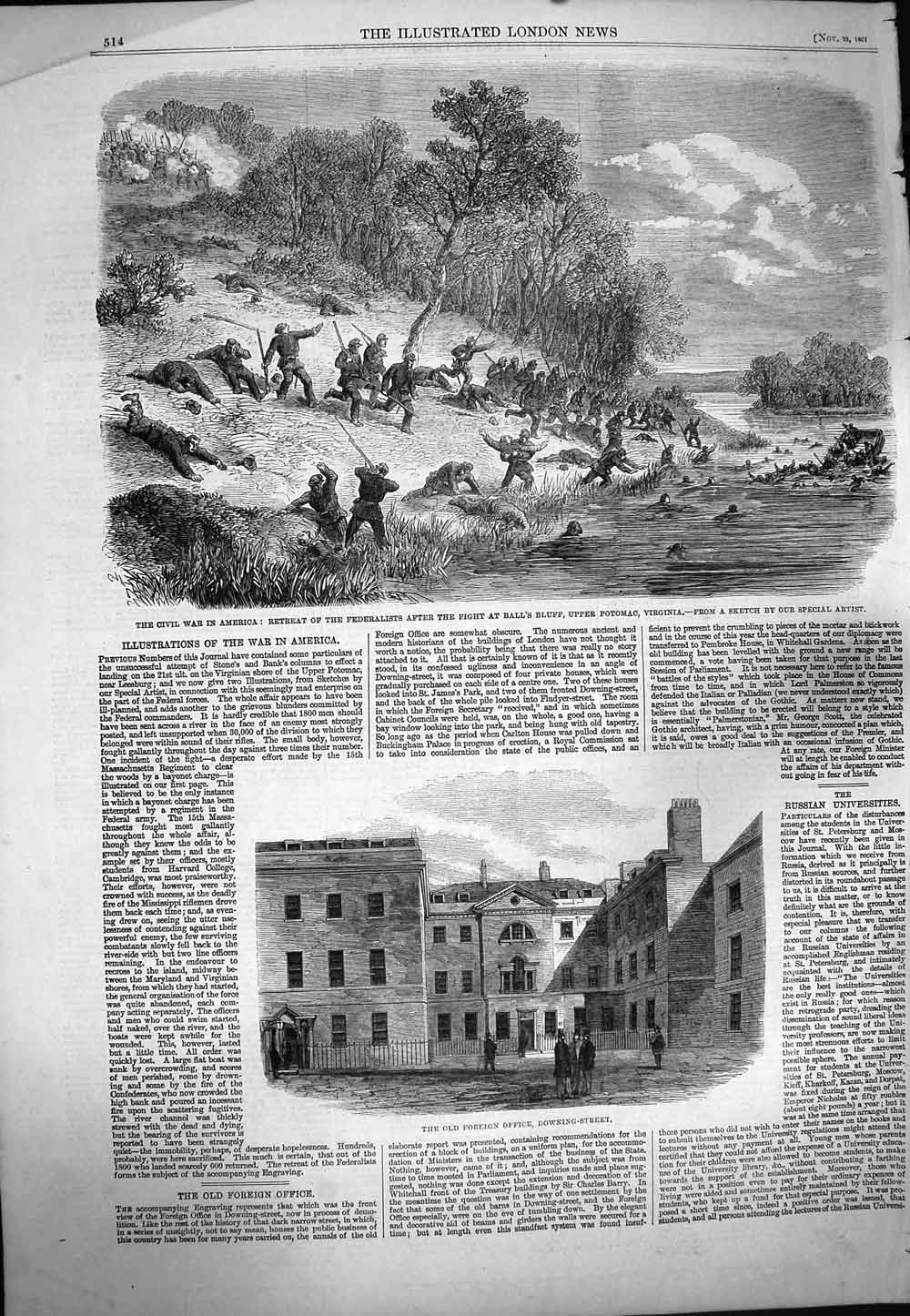Original Old Antique Print 1861 War America Fight Ball Potomac Foreign Office