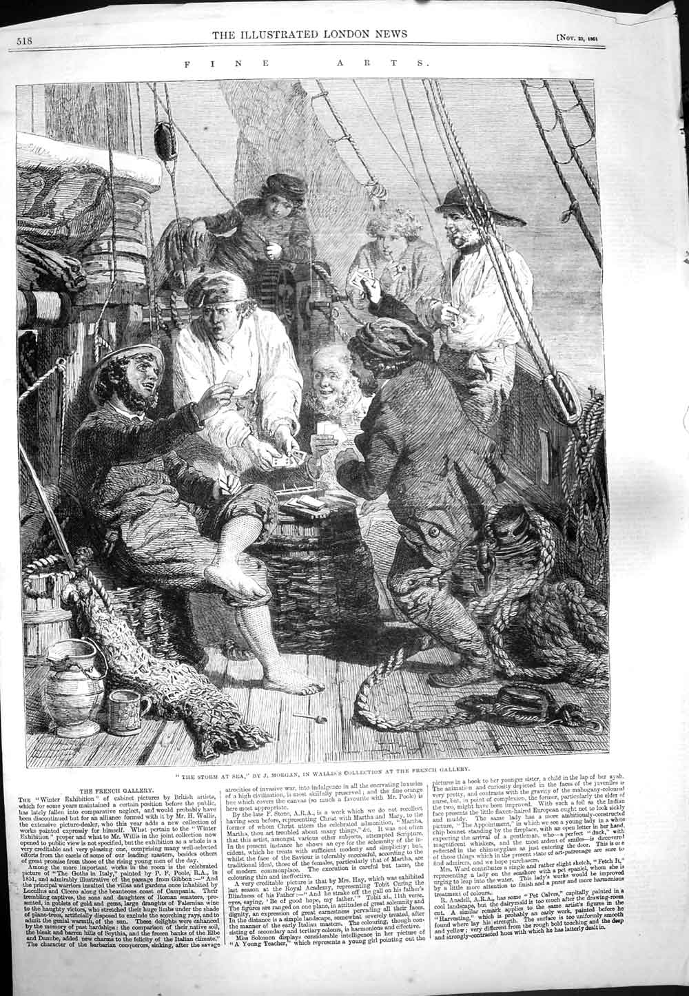 Original Old Antique Print 1861 Storm Sea Ship Deck Men Playing Cards Morgan