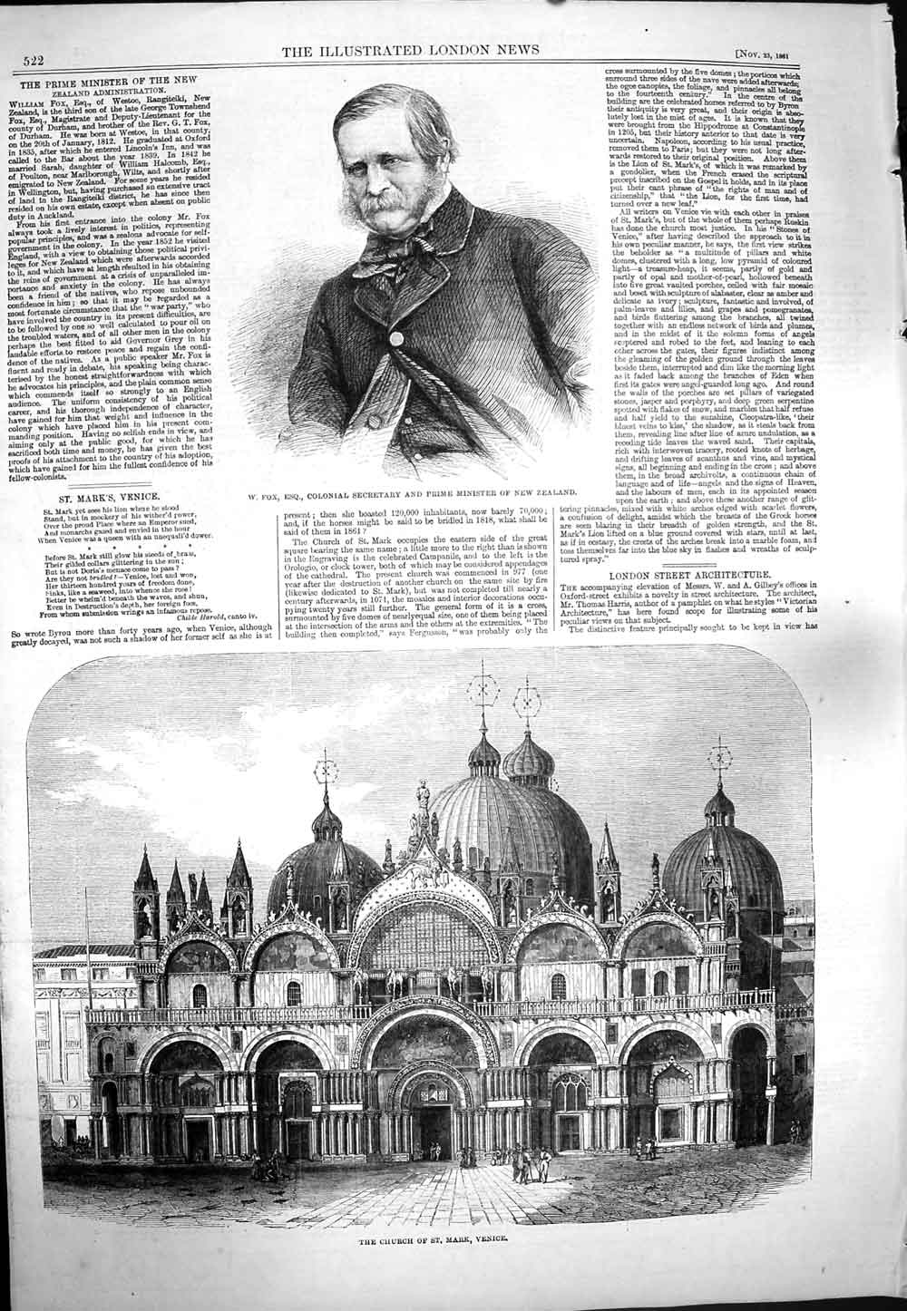 Original Old Antique Print 1861 Fox Minister New Zealand Church St. Mark Venice