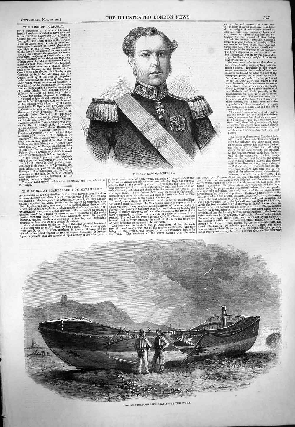 Original Old Antique Print 1861 King Portugal Scarborough Life Boat Storm Sea