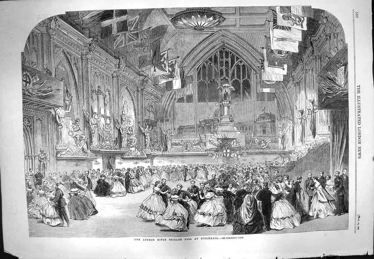 Original Old Antique Print 1861 London Rifle Brigade Ball Guidhall Dancing 19th