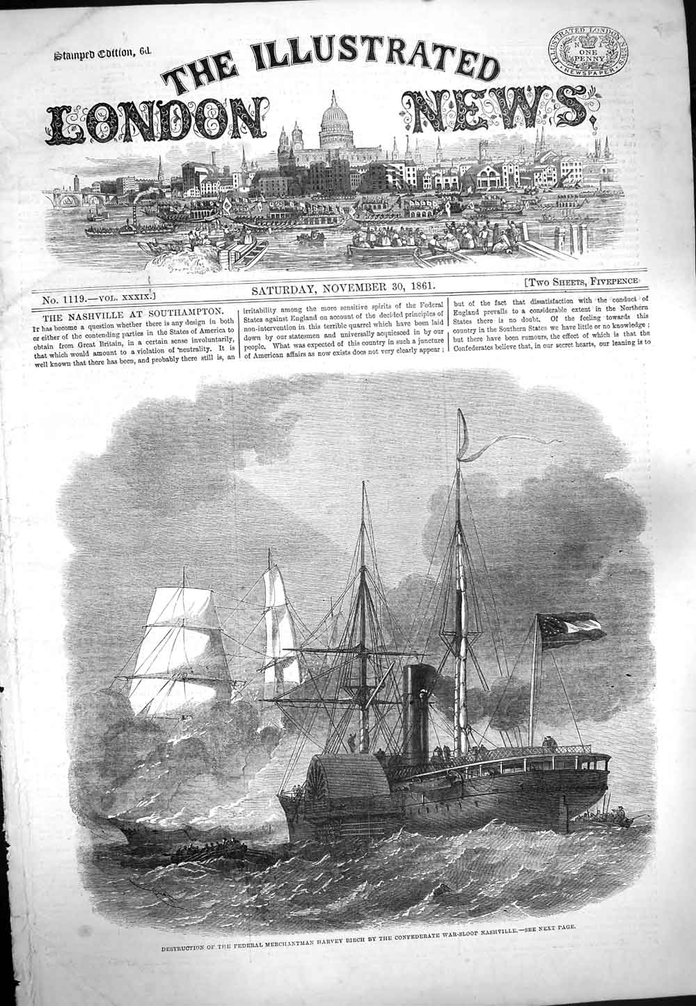 Original Old Antique Print 1861 Federal Merchantman Harvey Birch Ship Na 19th
