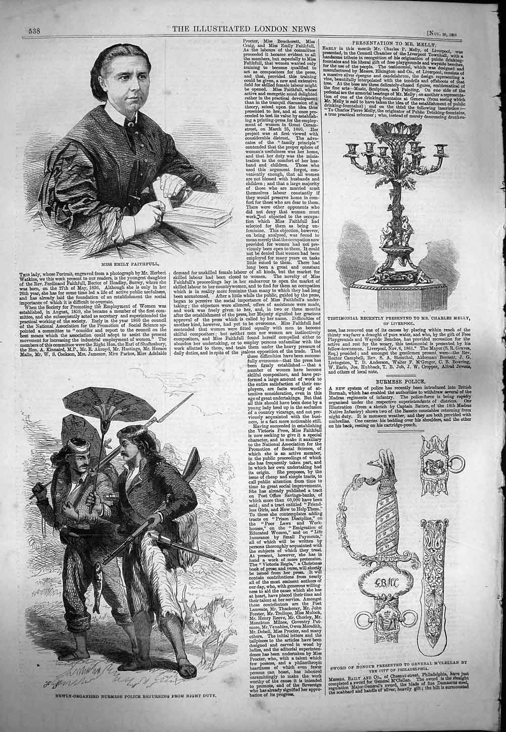 Original Old Antique Print 1861 Emily Faithfull Burmese Police Sword M'Clellan
