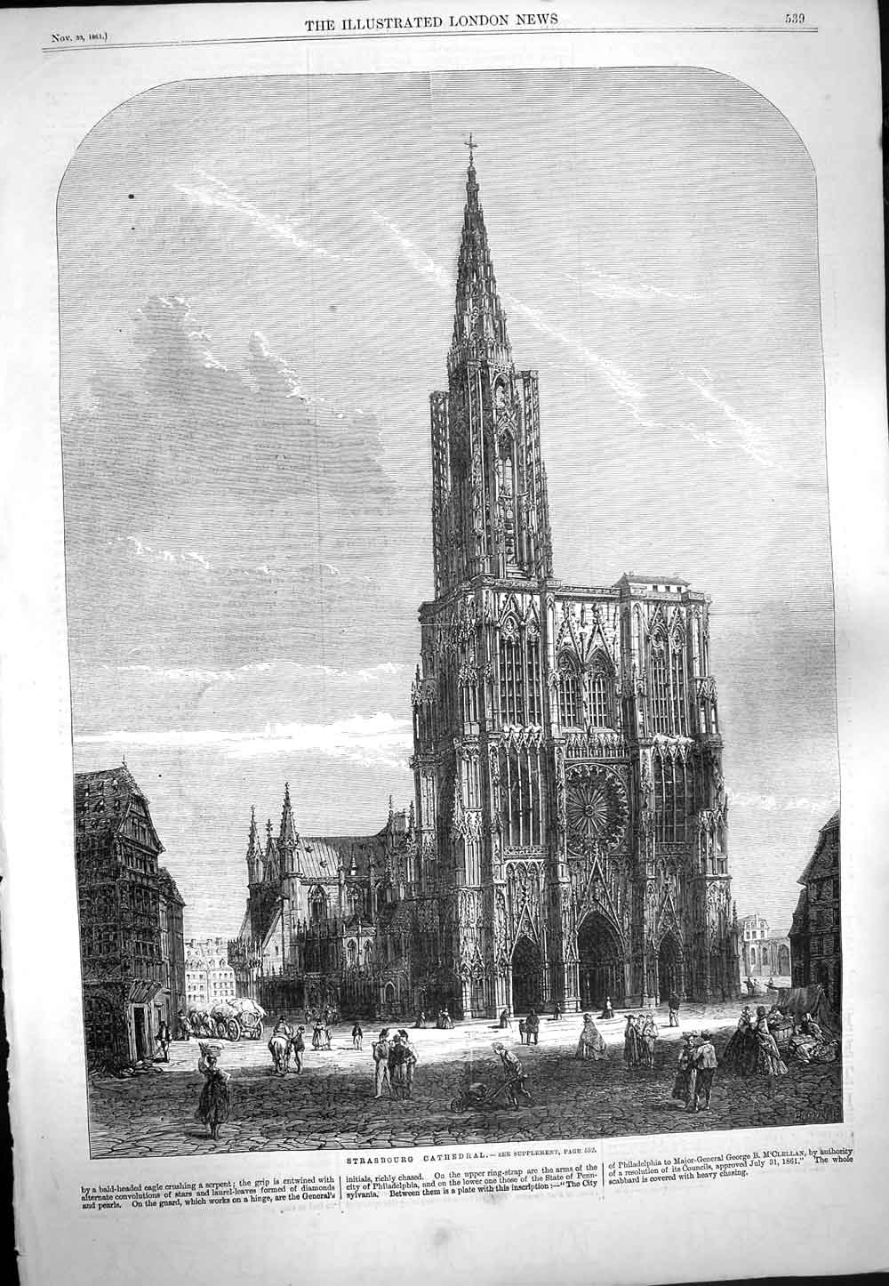 Original Old Antique Print 1861 Strasbourg Cathedral Church Architecture 19th