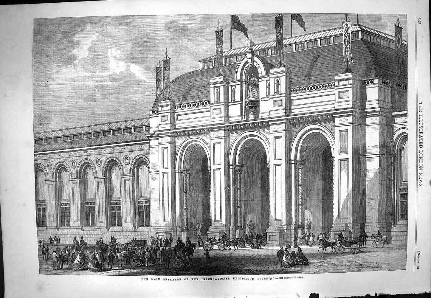 Original Old Antique Print 1861 Architecture International Exhibition Building