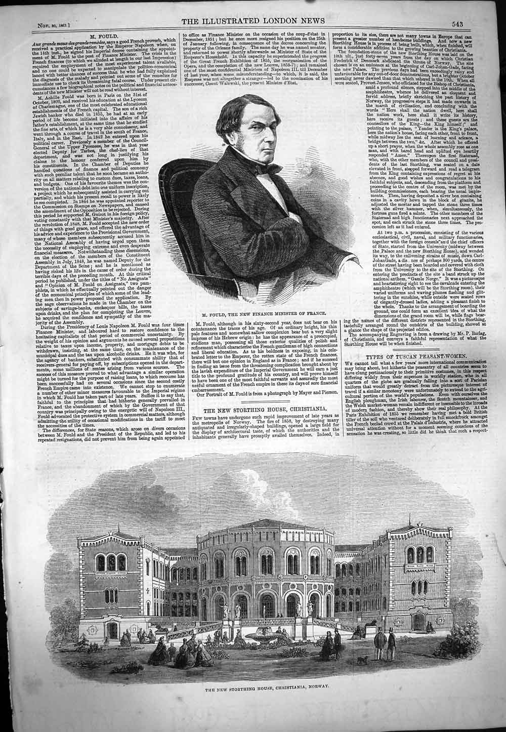 Original Old Antique Print 1861 Fould Finance Minister France Storthing Norway